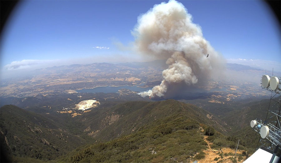 An aerial shot of the Whittier fire burning off Hwy 154 in SB County. Photo: Santa Barbara/Twitter