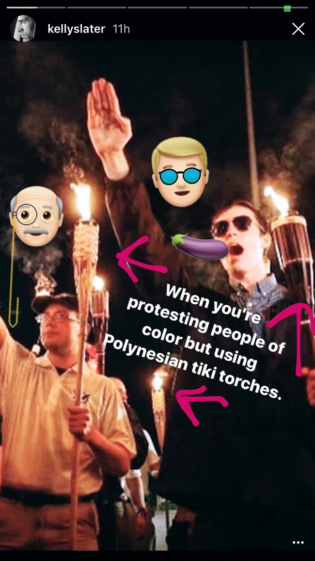 Kelly Slater points out the idiocy of white nationalist protesters at the Unite the Right March that left three dead in Charlottesville, Virginia this weekend. Image: @kellyslater