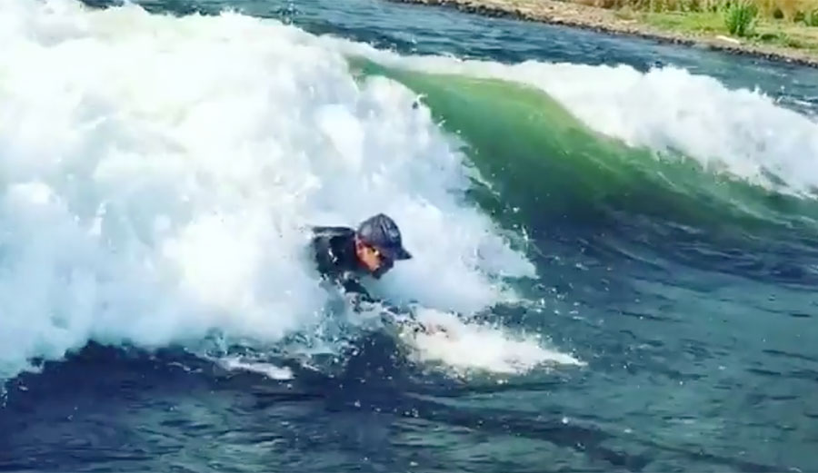 Gerry Lopez went handplaning on a river wave in Oregon.