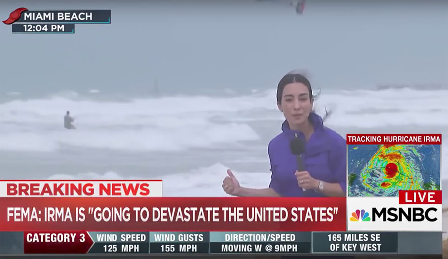 As Hurricane Irma was bearing down on a Florida Beach, a newscaster from MSNBC urged locals to get out of the area. One of them was kiteboarding behind her.