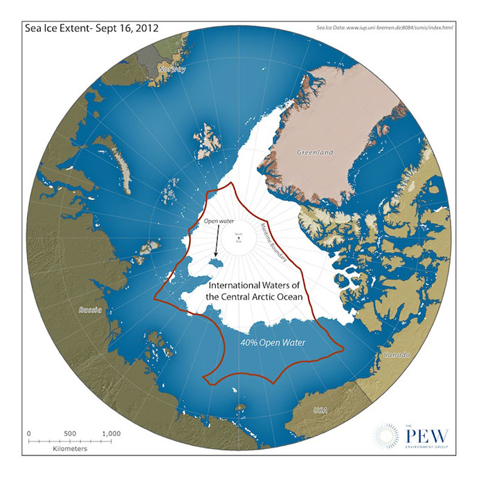 Map shows the central Arctic Ocean, the area closed to fishing under the Arctic Fisheries. Image: Pew