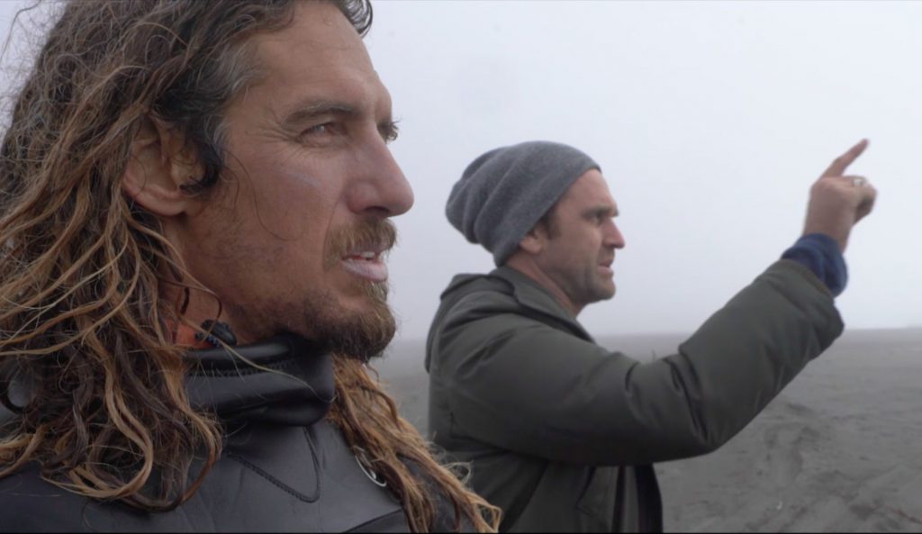 Rob Machado and Taylor Steele strategize post drone-fall. Photo: Proximity