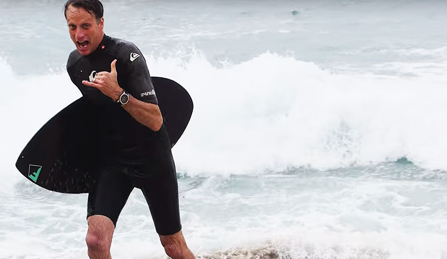 Brad Domke and Tony Hawk are good on boards of all kinds. Here they are on the skim variety.