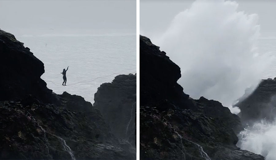Watch This Guy Get Completely Demolished Attempted to Slackline Above Nazaré