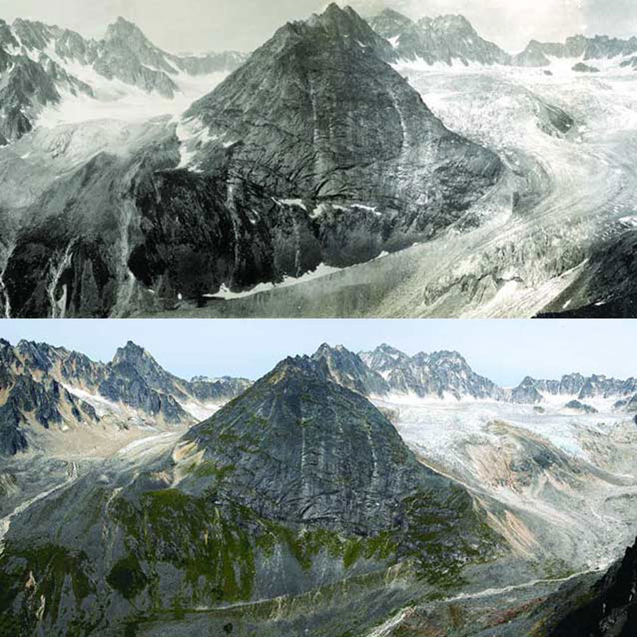 Hidden Creek Glacier, Alaska, photographed in 1916 and 2004, with noticeable ice loss.