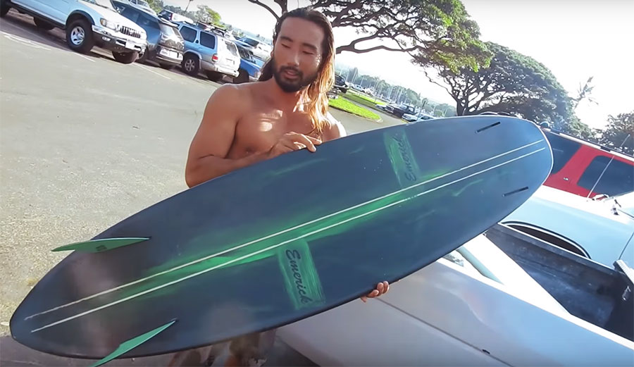 This is Emerick Ishikawa, a man who shapes odd surfboards and surfs on them very, very well.