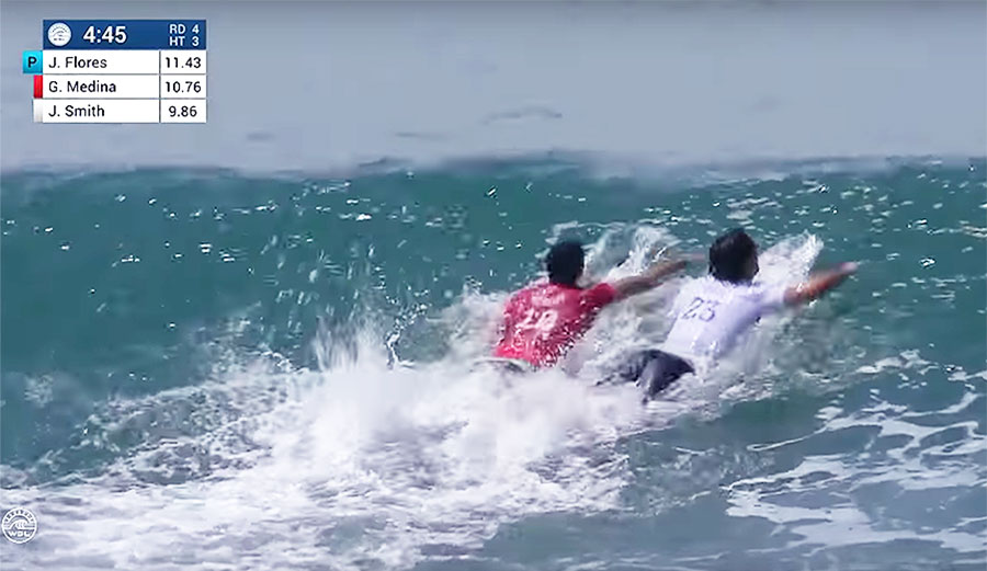 It happened in the fourth round of the 2018 Corona Bali Protected. Watch Jordy Smith and Gabriel Medina splash their passion all over each other, kicking and scratching and biting and grunting!