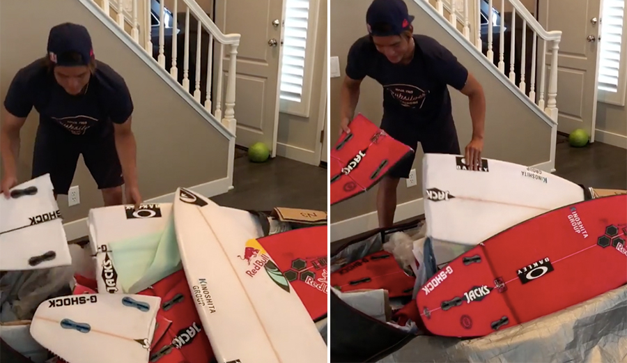 Kanoa Igarashi turned up at home with a bag full of broken boards. He had a good sense of humor about it, but the whole thing begs the question: should airlines be liable for such negligence? Photo: Instagram