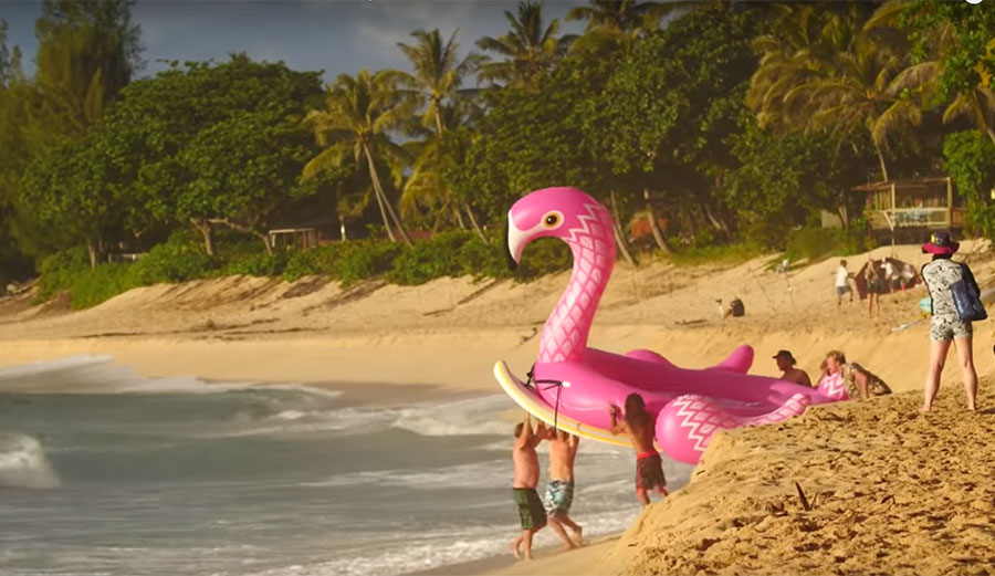 Jamie O'Brien supsquatch inflatable flamingo sunset beach