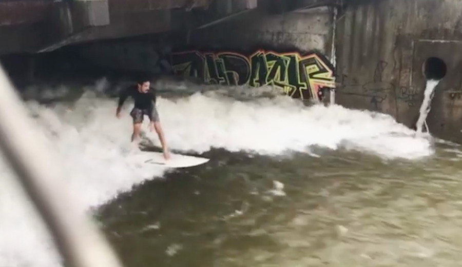 Hilo surfer Shawn Pila surfs a drainage canal after torrential rains from Hurricane Lane. Photo: Instagram