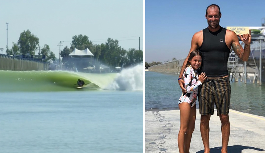Jesse Faen and his eight-year-old daughter, Gypsy, split an epic tube at the Surf Ranch.