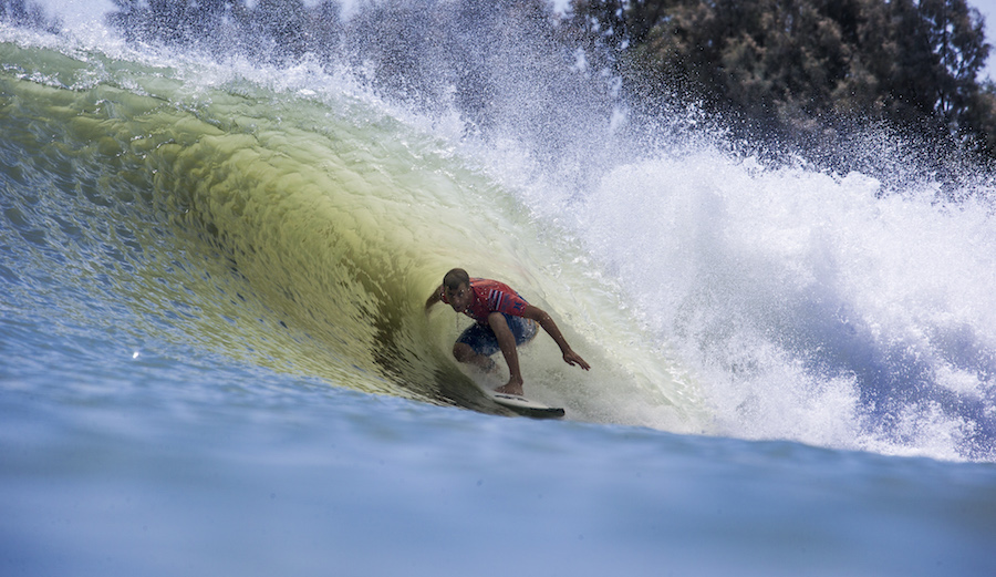 Sebastian Zietz managed the top wave score on the men's side with this 8.67. He and many others talked about just how nerve wracking it is to perform at the Surf Ranch. Photo: Rowland/WSL