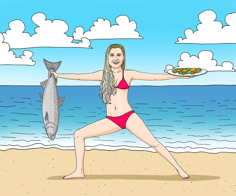 Lakey Peterson's meal of champions? Salmon, brussel sprouts, and sweet potatoes. Art: Larry L for The Inertia