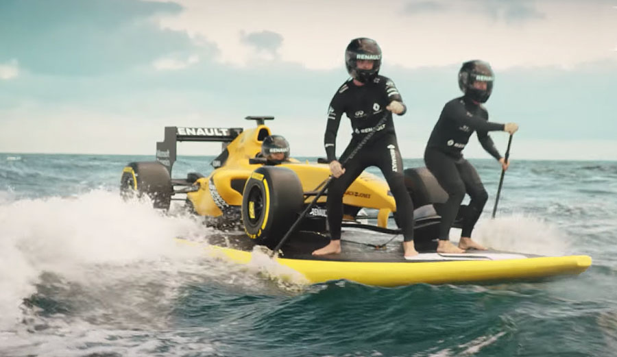 Renault made a very strange commercial. It involved Ellie Jean-Coffey, an F1 racecar, and a giant surfboard.