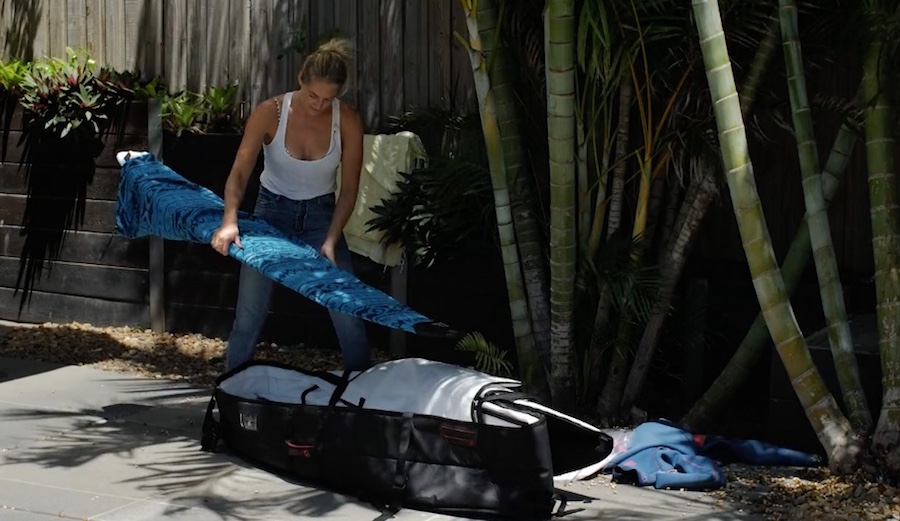 Steph Gilmore packs her coffin bag in four minutes flat.