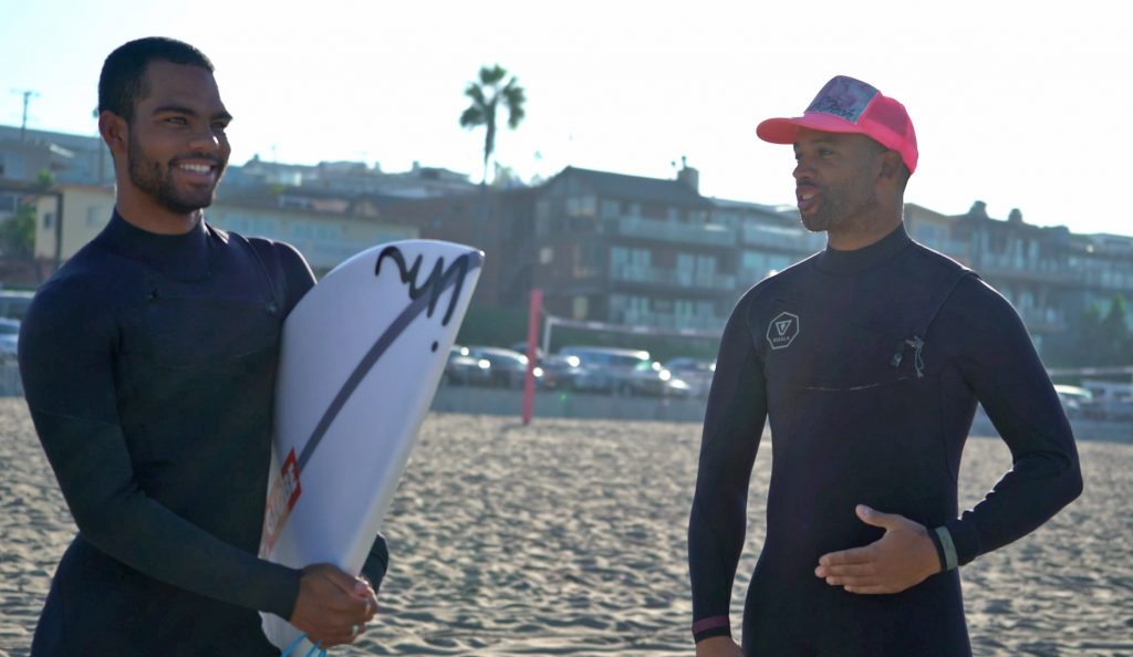 Ryan Harris of Earth Technologies and Surfer Hunter Jones at El Porto in Los Angeles