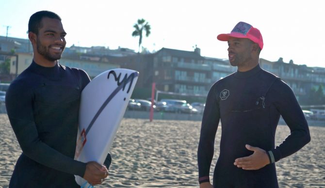 Ryan Harris of Earth Technologies and Surfer Hunter Jones at El Porto in Los Angeles