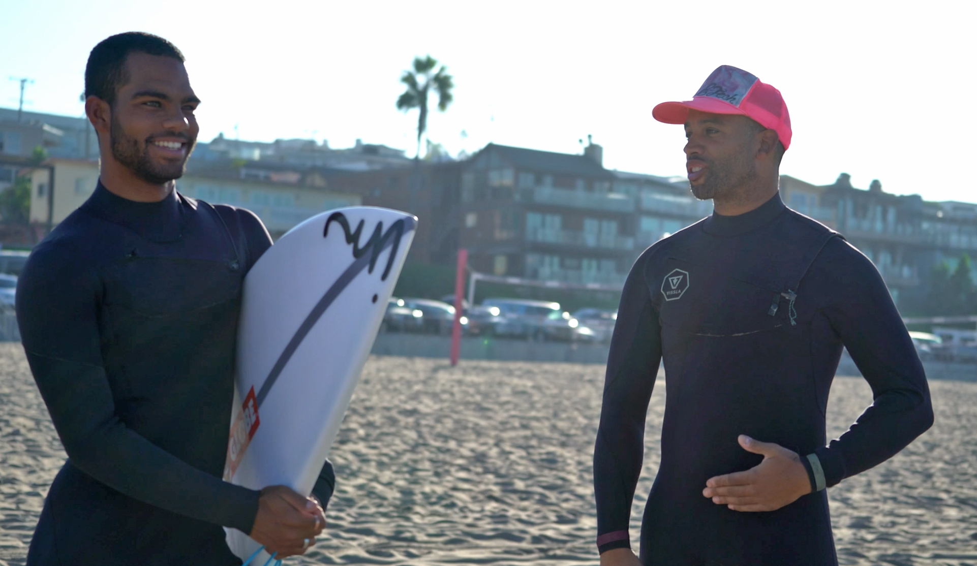 Ryan Harris of Earth Technologies and Surfer Hunter Jones at El Porto in Los Angeles