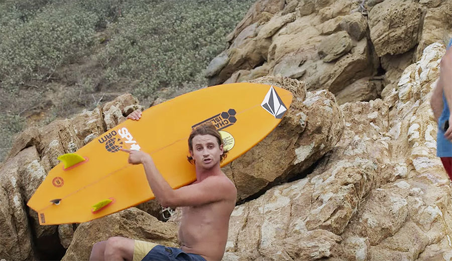 Alex Gray with Channel Islands Twin Fin surfboard
