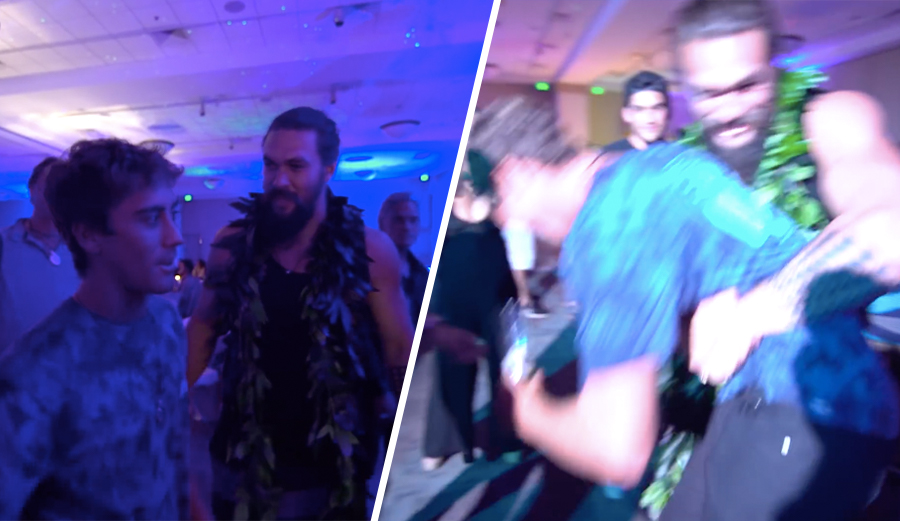 Koa Rothman nearly gets tackled by Jason Momoa at Honolulu Aquaman premiere.