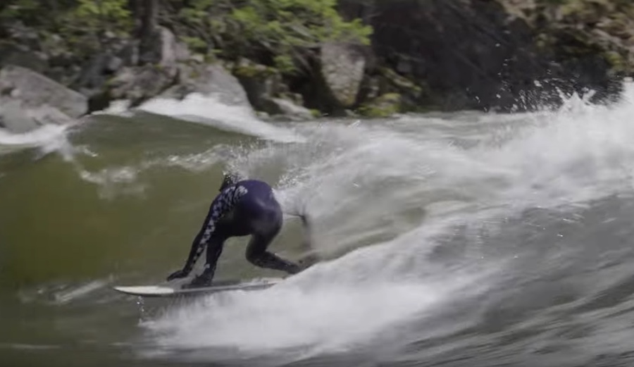 Dylan Graves river surfing in Idaho with Strongwater Mountain Surf Co.'s KB Brown.