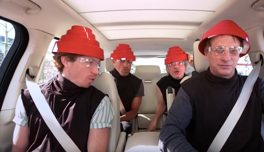 Tony Hawk, Shaun White, Kelly Slater, and Mark Mothersbaugh singing Devo!