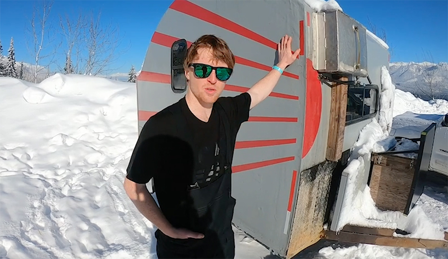 Davey Baird built his own trailer to compete in snowboarding