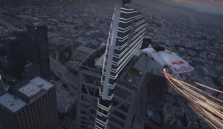 Three men in wingsuits buzz Los Angeles bar patrons