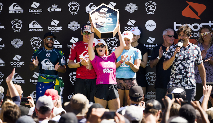 Caroline Marks celebrates her 2019 Boost Mobile Pro win.