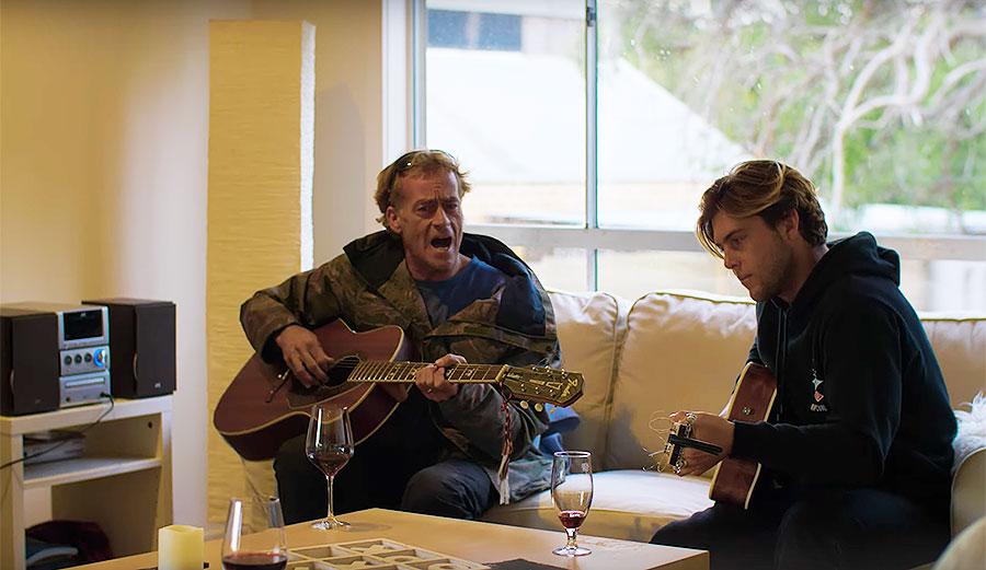 Tom Curren and Conner Coffin playing music at Bells Beach