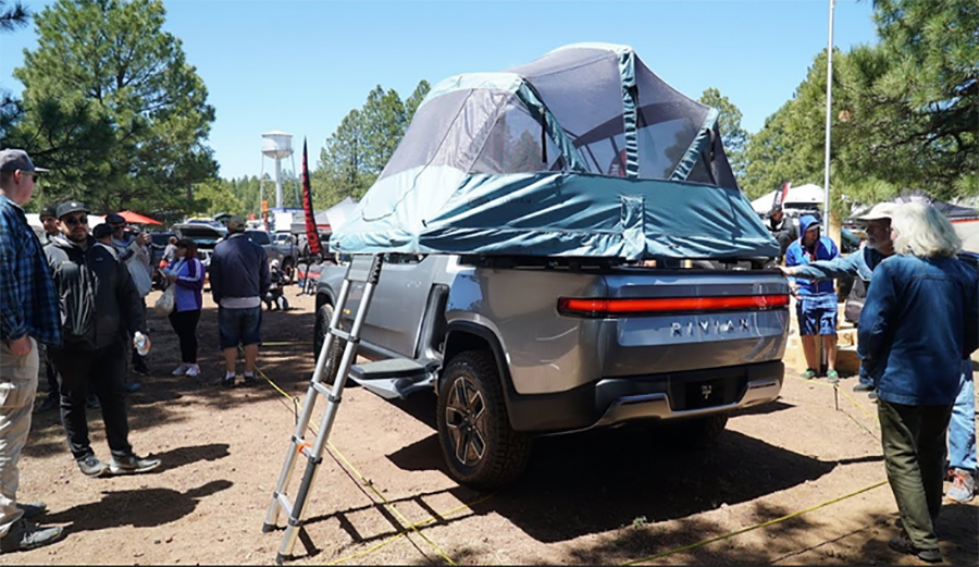This electric turck has a kitchen and tent
