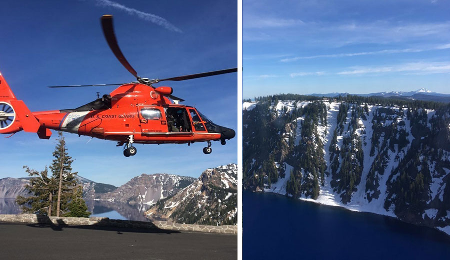 Crater Lake Caldera US Coast Guard rescue helicopter