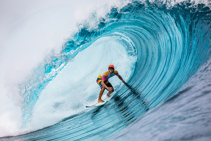 Owen Wright and other competitors wore helmets at Teahupo'o yesterday