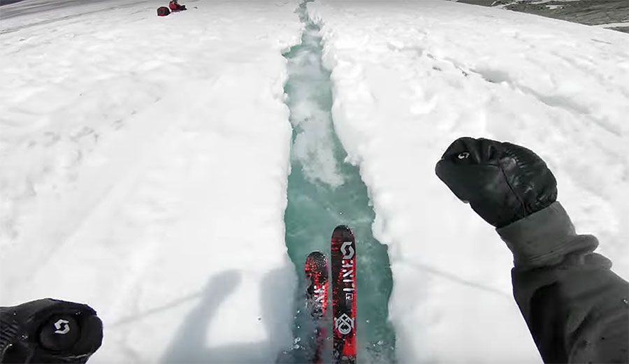 Skiing down glacier water