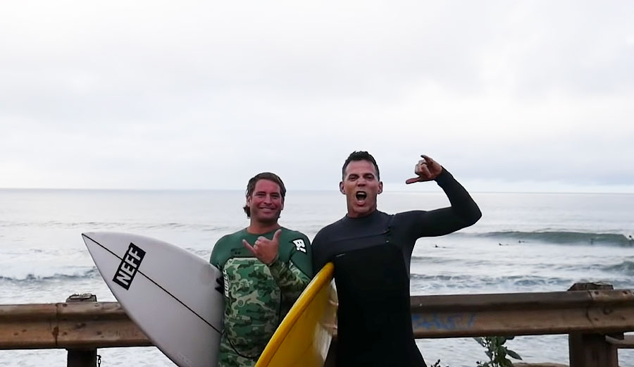 Poopies and Steve-O surfing in Malibu