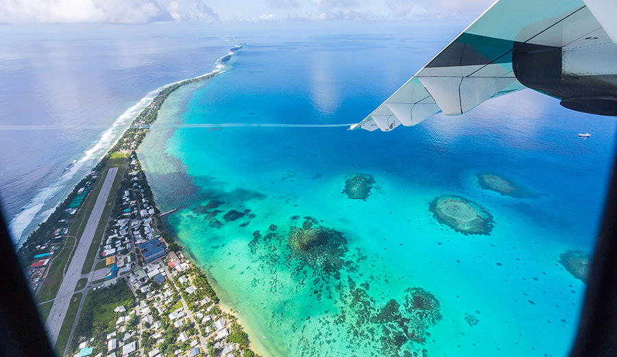 Funafuti atoll, Tuvalu, shows the airstrip of Vaiaku international airport.