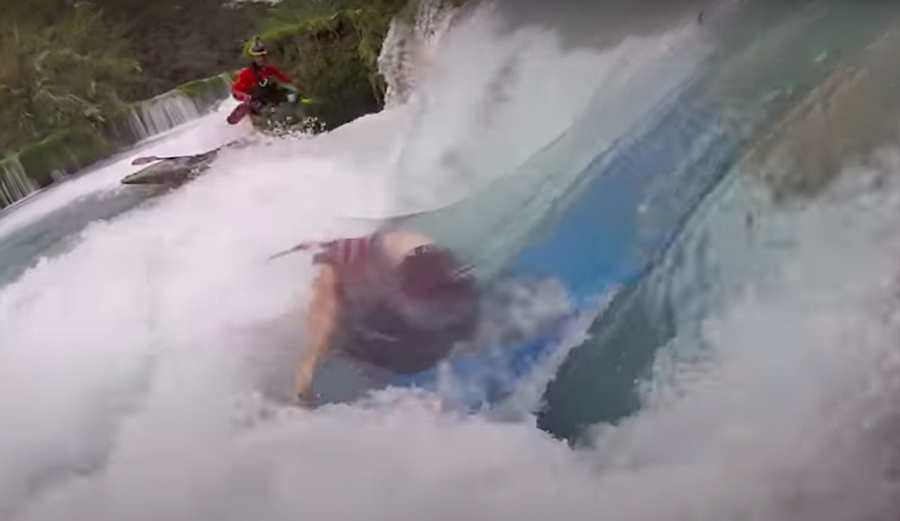 Kayaker Getting Vertically Pinned in Waterfall Is Whitewater's Worst-Case Scenario