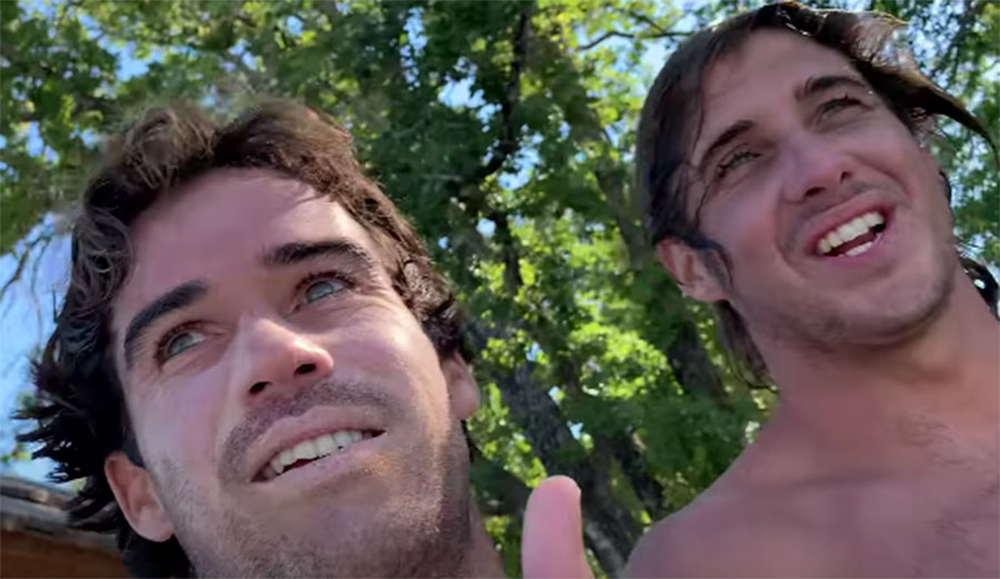 Mason Ho and Clay Marzo smiling at a GoPro camera