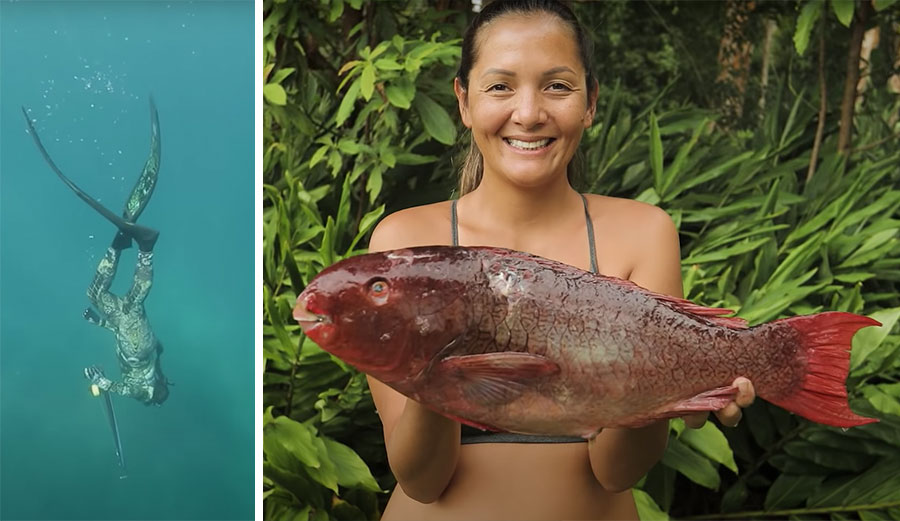 Kimi Werner holding fish and spearfishing