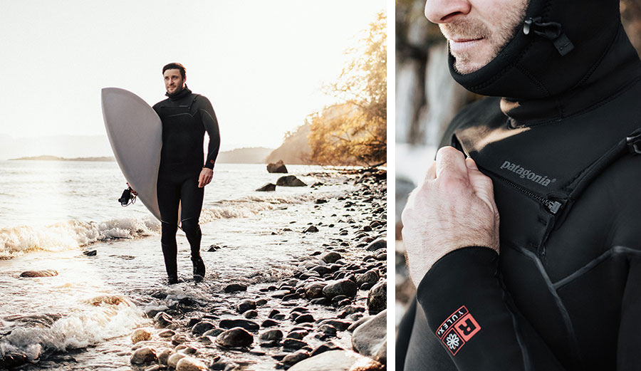 Man waking in Patagonia R4 Yulex wetsuit