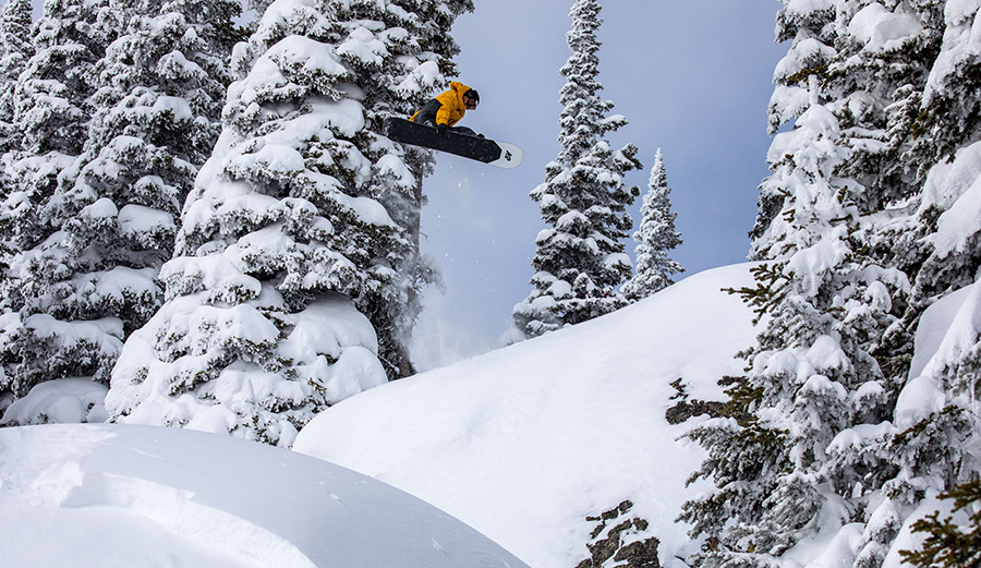 Pat Moore flying off a natural feature at Jackson Hole, Wyoming