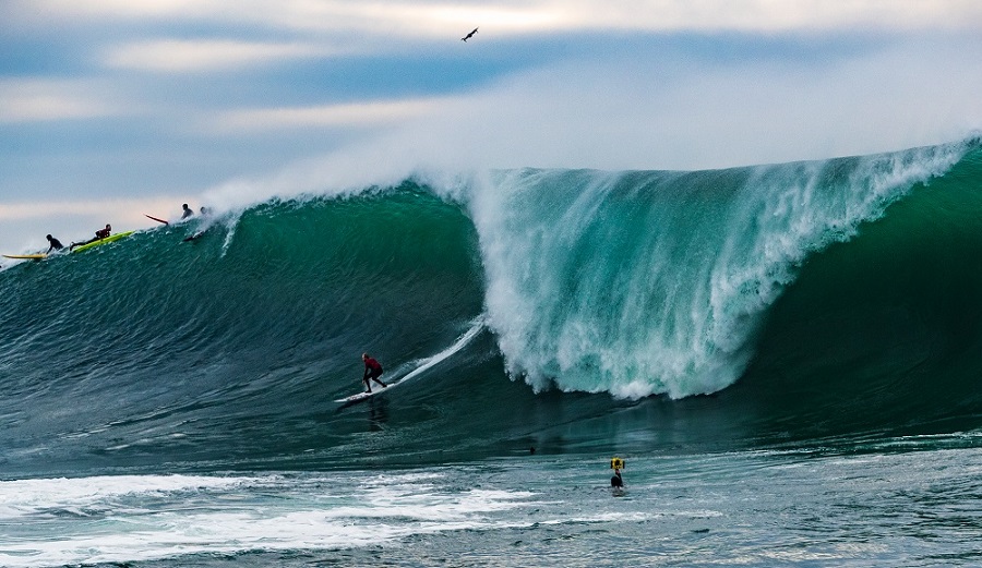 steve rice on the wave at mavericks shot by Todd Turner
