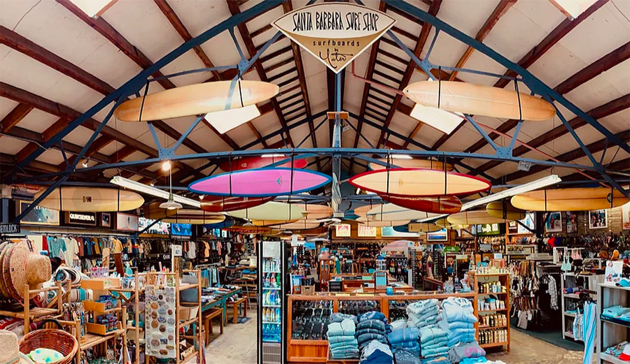 the inside of the Beach House surf shop in Santa Barbara