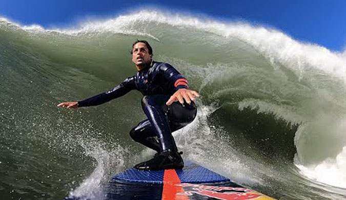 Kai Lenny GoPo angle of surfing Maverick's