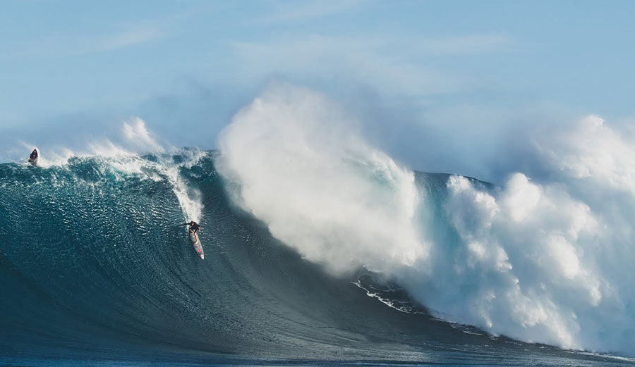 Nathan Florence surfing a 50 foot wave at Jaws