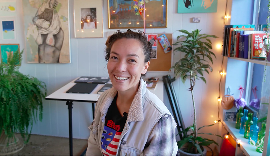Robin Lanei, a surfing artist, in her home in Monterey Bay, California