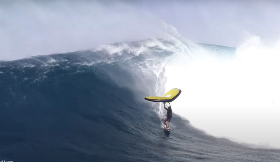 Kai Lenny wing surfing at Jaws