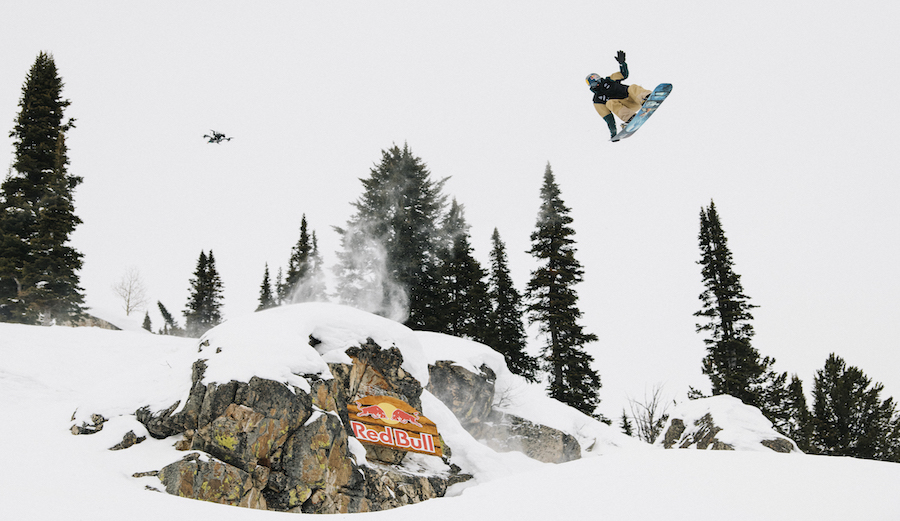 Travis Rice in the air during the Natural Selection snowboarding comp