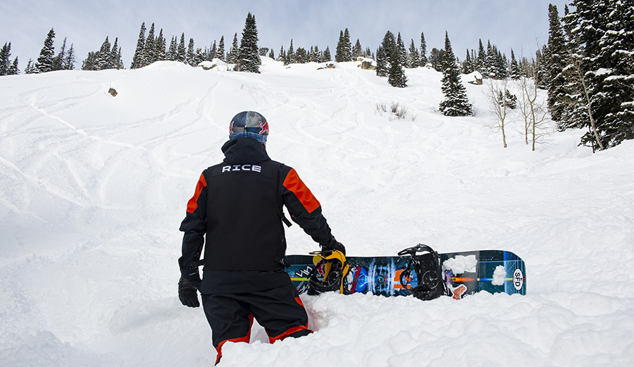 Travis Rice looking up at the Natural Selection course