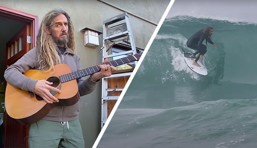Rob Machado playing guitar and surfing